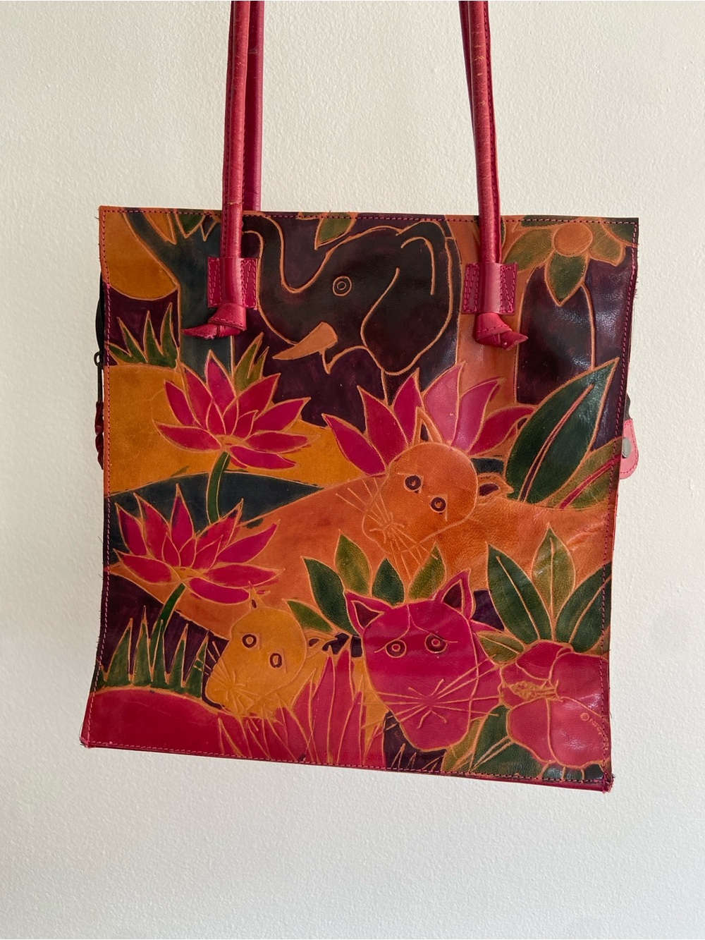 Vintage Hand-Painted Floral & Animal Leather Tote Bag